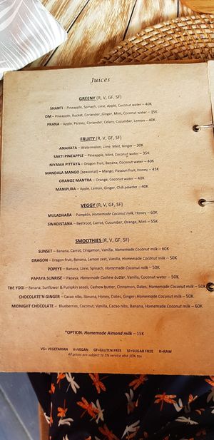 Menu Juices at Yoga Searcher in Pecatu