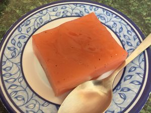 Strawberry and blueberry vanilla pudding at Govinda Ram in Mexico City