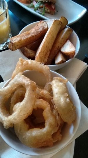 onion rings and fat chips at Lolo's Vegan Restaurant & Bar in Ramsbottom