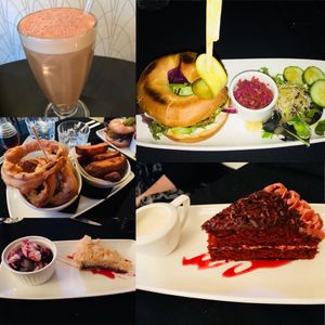 Chai latte, burger of the day, red velvet cake, Bakewell tart and blackcurrant ice cream, onion rings and thick cut chips at Lolo's Vegan Restaurant & Bar in Ramsbottom