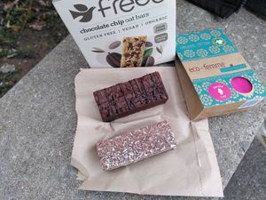 Sweet bars from top: hazelnut chocolate and bounty at Harvest Natural Foods in Bristol