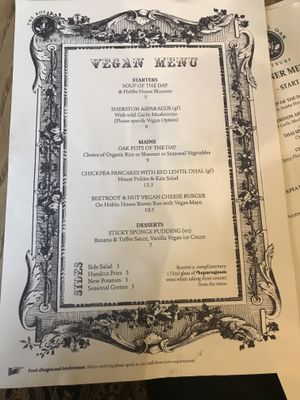 Vegan Menu August 2018 at The Royal Oak in Tetbury