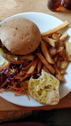 Falafel burger (comes with coleslaw, fries and garlic bread) at The Royal Oak in Tetbury
