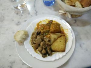 tapas: albóndigas (meatballs ) setas (mushrooms), potato triangle  at Dolcos Julia in Mallorca
