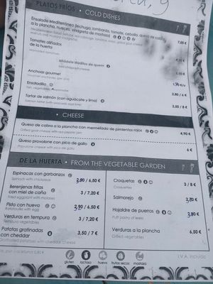 The menu at La Huerta 9 in Sevilla