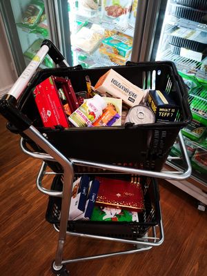 Stocking up! at La Vida Vegan Grocery in Subiaco