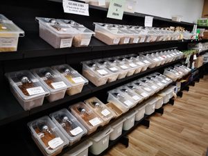 Bulk food section at La Vida Vegan Grocery in Subiaco
