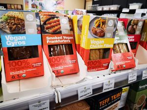 Store cupboard meat replacements. at La Vida Vegan Grocery in Subiaco