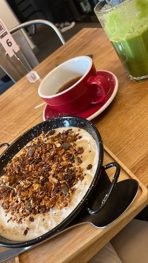 Porridge vegan option-with soy yoghurt   at Wesola Cafe in Krakow