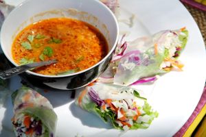 Asylum summer rolls with good peanut dip sauce.  at Asylum in Koh Lanta
