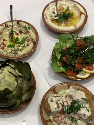 artichoke, hummus, babaganoush, falafel with tahini & tabbouleh  at Le Cedre in Zurich