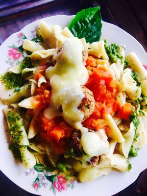 delicious pasta with white bean falaffel balls and potato cheese at Amor Infinito in Montanita