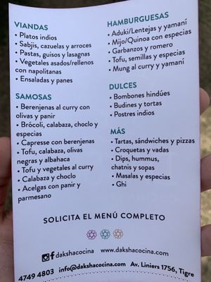 Menu  at La Cocina de Daksha in Tigre