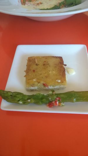 Grilled polenta with cashew cheese and asparagus at Vegan Bueras in Santiago