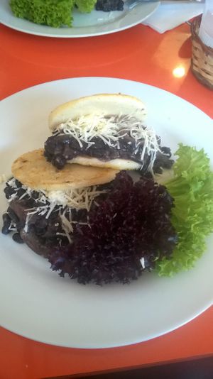Arepas with oyster mushrooms and black beans at Vegan Bueras in Santiago
