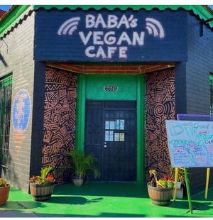 Exterior view of front entrance   at Baba's Vegan Cafe in Los Angeles