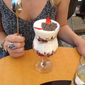 granola parfait with soy yogurt and topped with chia seeds at cacao in Prague