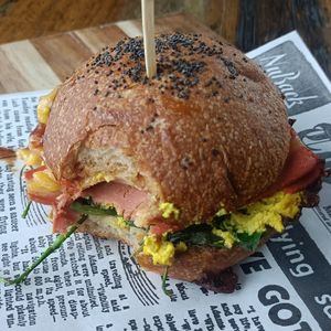 Vegan breakfast burger at Wholefood Merchants in Ferntree Gully