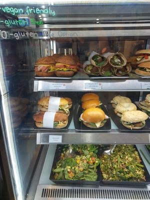 Savoury cabinet - vegan burger, wrap and salads at Wholefood Merchants in Ferntree Gully