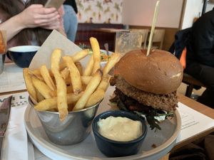 Christmas special vegan fried chicken burguer 🍔  at Mildreds - Camden in North West London