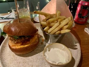 Korean chicken burger and fries  at Mildreds - Camden in North West London