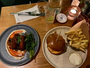 Lentil koftes & Korean chicken burger  at Mildreds - Camden in North West London