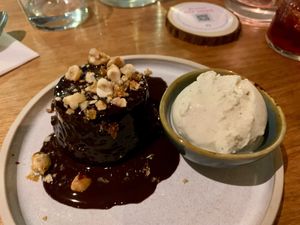 Fudge cake and ice cream  at Mildreds - Camden in North West London