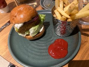 bbq chick’n and ranch burger and fries  at Mildreds - Camden in North West London