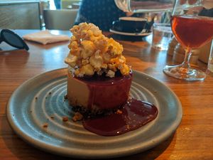 caramel cheesecake with popcorn and coulis at Mildreds - Camden in North West London
