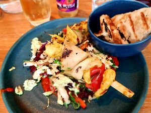 "Chicken" skewers with a side of paratha at Mildreds - Camden in North West London