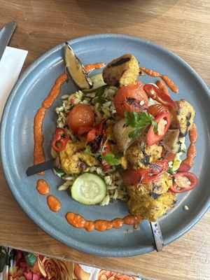 “Chikn” skewer with orzo! Insane  at Mildreds - Camden in North West London