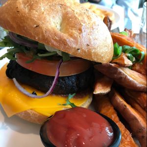 Classic burger with sweet potato fries at Mildreds - Camden in North West London