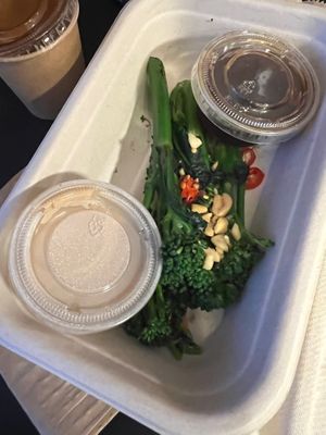 Broccoli with peanuts and fresh chilli with 2 dips both amazing! at Mildreds - Camden in North West London