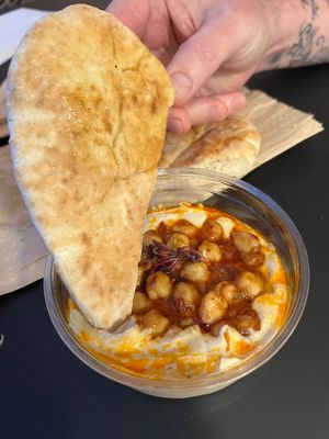 Hummus with chick peas and hot pitta bread  at Mildreds - Camden in North West London