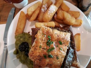 Mushroom pie, chips, mushy peas at Mildreds - Camden in North West London