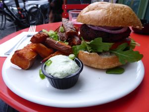 Sweet potato fries with basil mayo and a burger at Mildreds - Camden in North West London