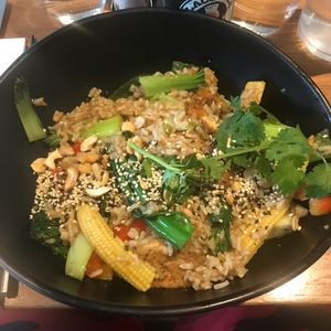Stir vegetables, brown rice and tofu at Mildreds - Camden in North West London