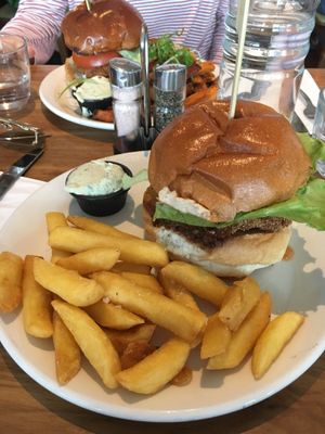 “Chicken” burger and fries at Mildreds - Camden in North West London