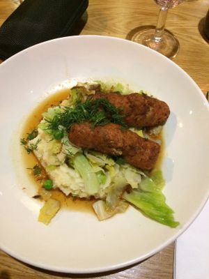 Smoked Tofu and Bean sausages with Mash and Cabbage plus Cider Gravy at Mildreds - Camden in North West London