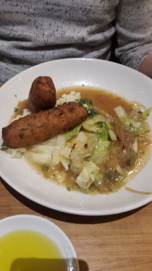 Tofu sausage with mash and cabbage at Mildreds - Camden in North West London
