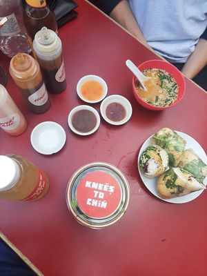 Tofu roll, miso soup, edamame and yummy sauces :) at Knees to Chin in Brussels