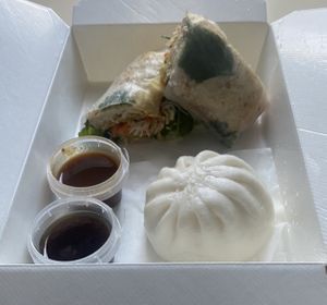 satay tofu roll and veggie dumpling  at Knees to Chin in Brussels