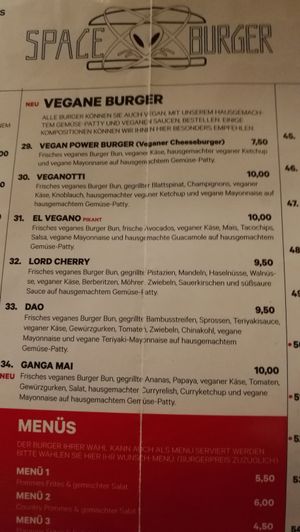 Vegan dinner card, Dec 2018 at Space Burger in Dusseldorf