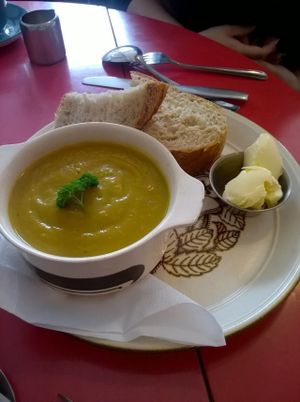 Carrot and coriander soup with sour dough and vegan butter at True Coffeehouse in Newcastle Upon Tyne