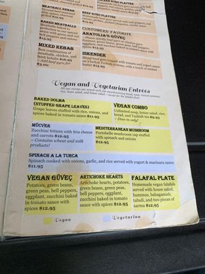 Vegan menu at Anatolia in Bloomington