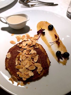 Dessert: Appletarte, roasted almond, crème anglaise at Brasserie Godot in Stockholm