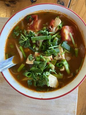 Tom yum soup  at Thai Farm Cooking School in Chiang Mai