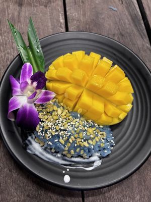 Mango with sticky rice  at Thai Farm Cooking School in Chiang Mai