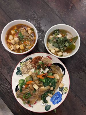 Tom Yum and Tom Zab soups.  Pad See Ew noodles  at Thai Farm Cooking School in Chiang Mai