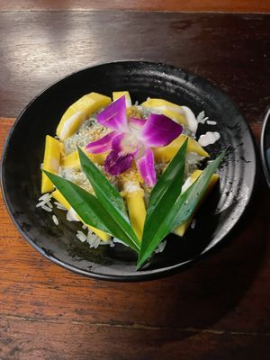 Mango sticky rice butterfly pea  at Thai Farm Cooking School in Chiang Mai